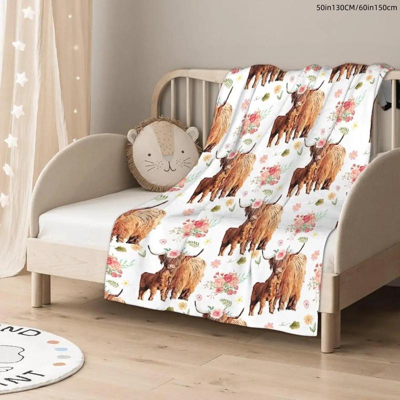 Product Introduction of Highland Cow Pattern Blanket, 1 Count Soft Comfortable Throw Blanket, Lightweight Warm Napping Blanket for Home Office Bed Camping Travel 3