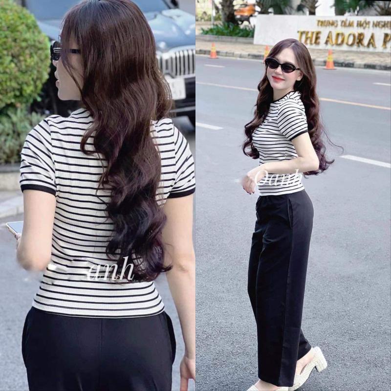 SET BỘ THUN GÂN ÁO SỌC PHỐI QUẦN ỐNG SUÔNG DÀNH CHO MỌI HOẠT ĐỘNG Nữ Women Top Ong Polo both