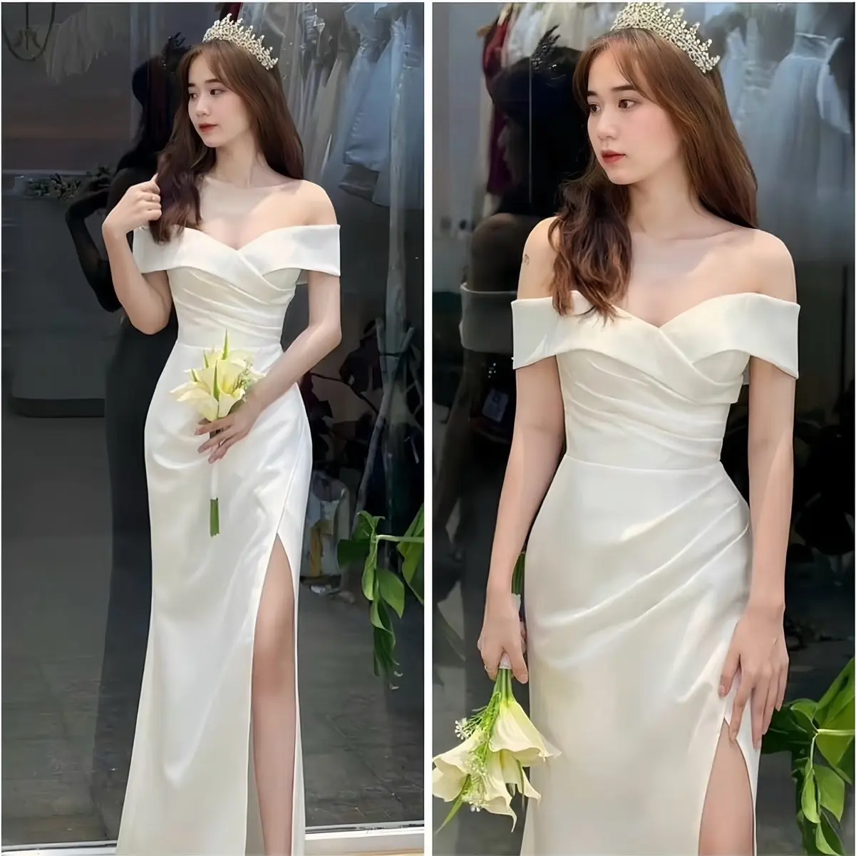 ĐẦM DẠ HỘI XẺ TÀ BẸT VAI XẾP LY EO TÔN DÁNG ĐI TIỆC -CÔ DÂU ĐI BÀN CỰC XINH Women Nữ .Dress .Voi.