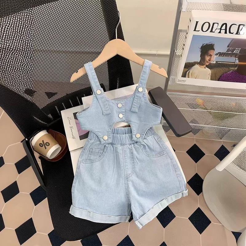 Setelan Anak Perempuan Import 3in1 Jumpsuit Jeans Kaos Rib Tanpa Lengan Kancing 2