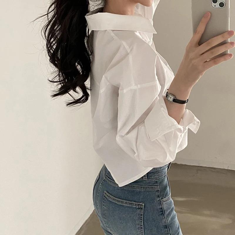Product Introduction of Fashion Short Shirts Women Korean Chic Loose Solid Color Long Sleeve Crop Tops Female Casual Elegant Button Split Turn Down Collar Blouse 19