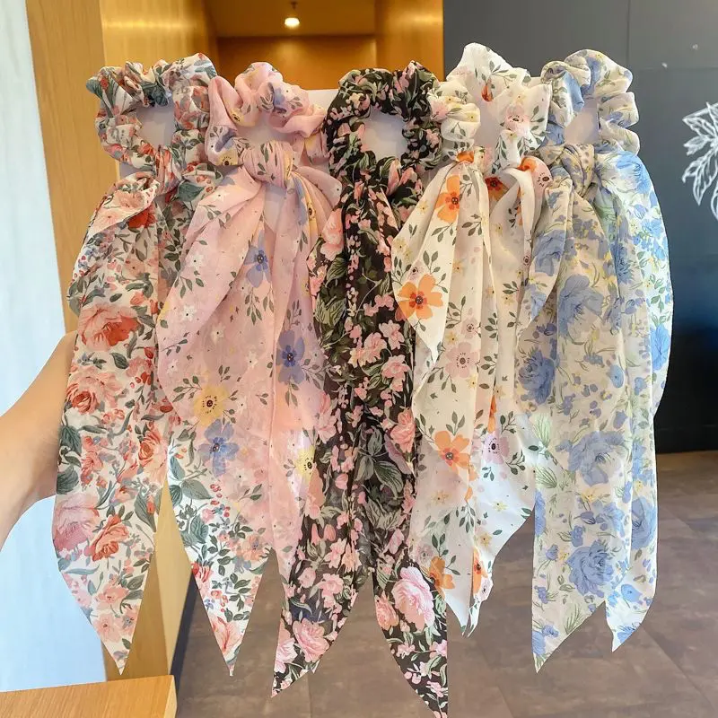 [Temperament Improvement] 25 New Ribbon Floral Hair Band Internet Hot New Floral Head Rope Silk Scarf Hair Rope Headband Hair Band Rubber Band Female Hair Tie