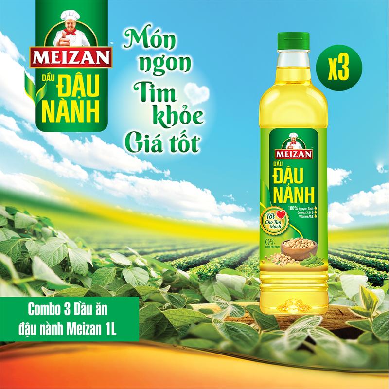 [WILMAR] Combo 3 Dầu ăn đậu nành Meizan nguyên chất 1L Tinh Luyện Từ Hạt Đậu Nành