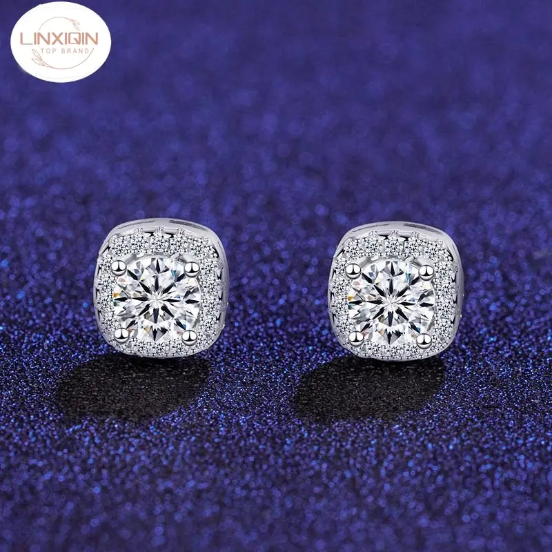 LINXIQIN S925 Sterling Silver Square Bag Moissanite Stud Earrings for Women Ins Japanese and Korean New Earrings Temperament Entry Lux Moissanite Stud Earrings Fashion Jewelry