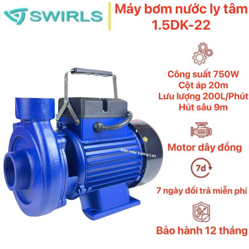 Máy bơm nước ly tâm 750W 1HP Swirls 1.5DK-22 - Máy bơm cá sấu - Bảo hành 1 năm