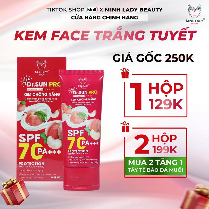 Kem chống nắng ĐÀO TIÊN nâng tông Dr.Sun pro 50G SPF 70 MINH LADY BEAUTY Skincare Sunscreen