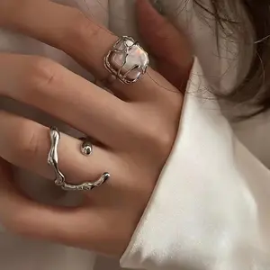 【zhamus】Cincin Mutiara Tidak Beraturan Temperamen Sederhana Kreatif Set 2 Bagian Pembukaan Cincin Jari Telunjuk yang Dapat Disesuaikan
