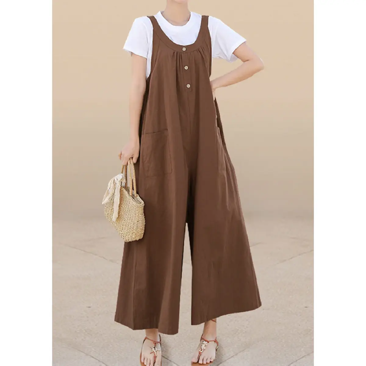 MADHARSHOP Gazella Overall Celana Katun Polos Baju Kodok Wanita Longgar Jumpsuit Korean Style Kancing Depan Celana Kulot Lebar Panjang Setelan Musim panas Dewasa