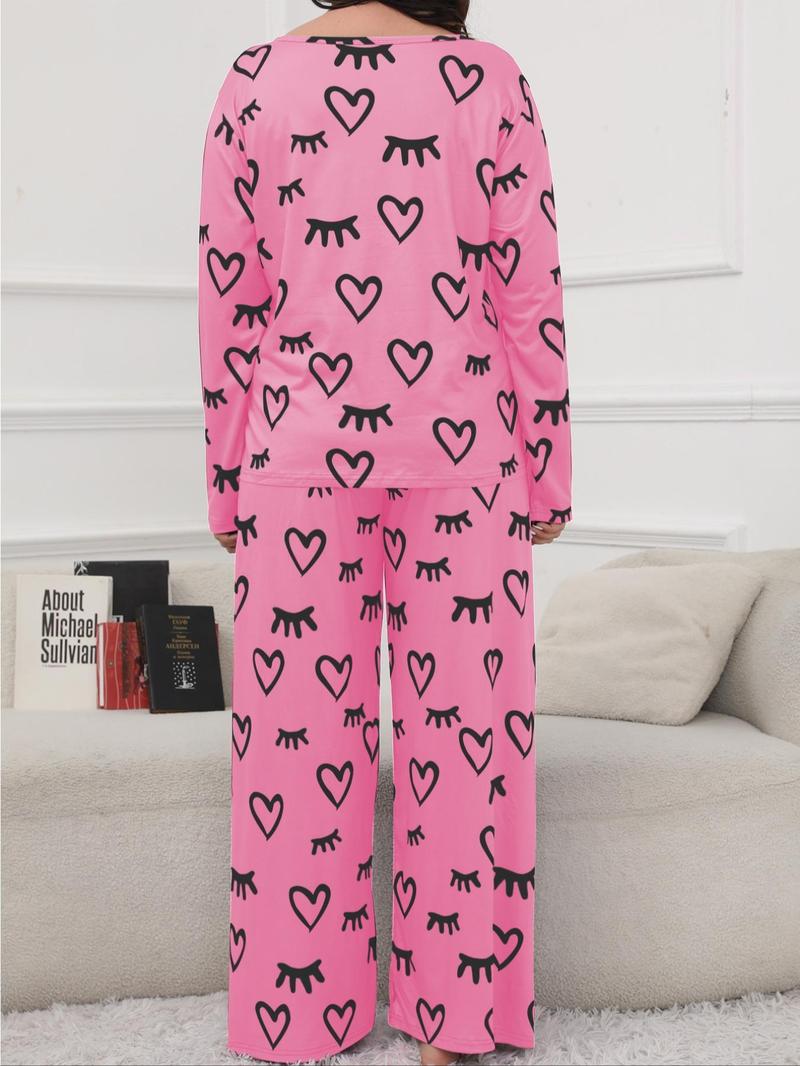 Product Introduction of 【Plus Size】Women's Heart Print Pyjama Set, Casual Comfort Round Neck Long Sleeve Tee & Elastic Waist Pants Set, Women's Sleepwear for Spring & Fall, Pajamas 18