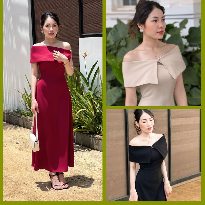  BV --- Đầm Dự Tiệc Bệt Vai Form A Dáng Dài Sang Trọng Chất Cotton Hàn Đàn Hồi Nhẹ Mềm Mát Women Dress váy dự tiệc 