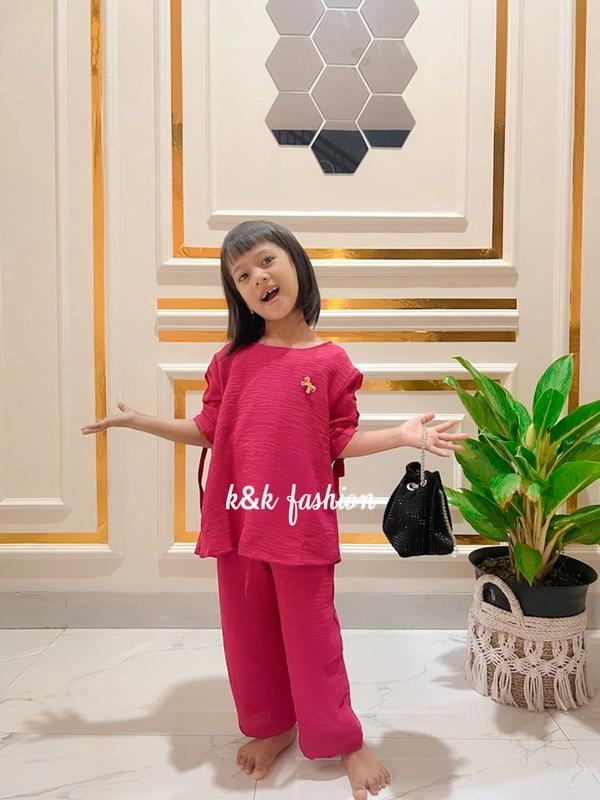 K&K FASHION/Setelan anak kekinian/set kids korea/Livina Set kids/setelan anak viral/Setelan terbaru/crinkle Air Flow/Setelan murah meriah/Lengan Serut/setelan lucu/modis/casual/bisa COD Polos Kids Celana Fashion Pakaian 2