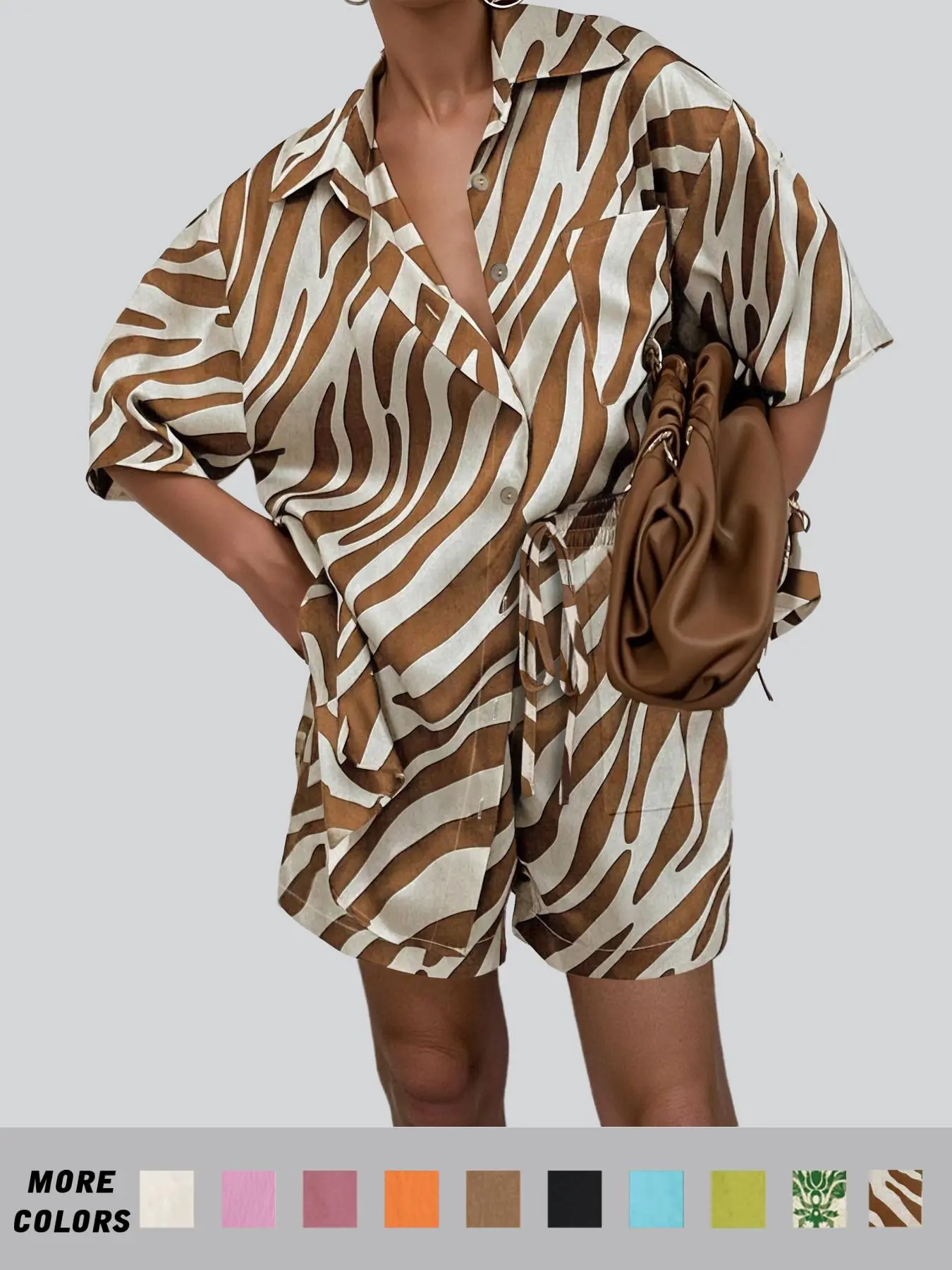 Women's Solid / All Over Print Co-ord Set, Casual Short Sleeve Button Front Shirt & Tie Front Pocket Shorts Two-piece Set, Women's Clothes for Summer Daily Wear, National Day Clothing, Womenswear