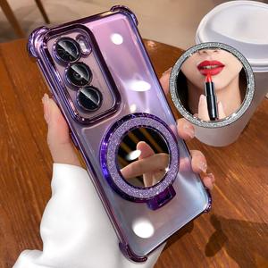 Glitter Plating Transparent Casing for OPPO Reno 12 11 Pro 10 9 8 7 Pro Reno6 Case with Makeup Mirror Stand Cover Soft Silicone Case Shockproof Protective Case Four Corner Drop Protection Metal Kickstand