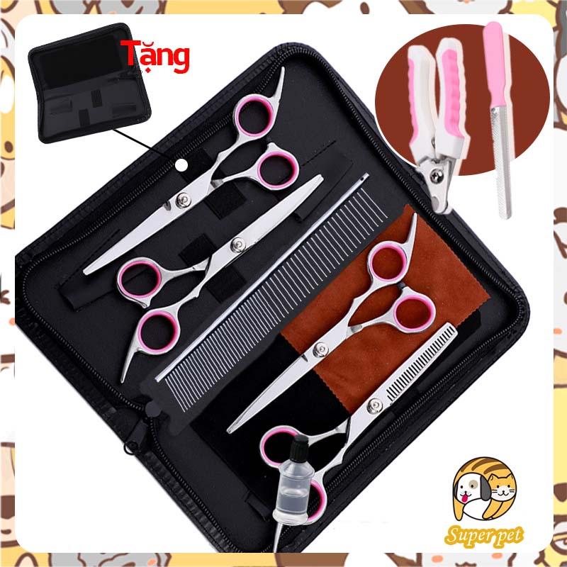  【7in1  Bộ cắt tỉa lông chó mèo Màu xanh và hồng Bộ dụng cụ,kéo cong + kéo thẳng + kéo tỉa + lược+Kèm bao da 