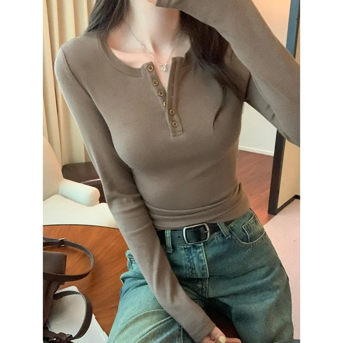 Shoulder U Collar Hot Sale Half Breasted Threaded Undershirt Women's Spring and Autumn 2024 New Shoulder Long Sleeve T-shirt Solid Color Inner Wear Top Lingerie