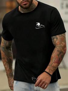 Men's Mountain Print Round Neck Tee, Regular Fit Casual Short Sleeve T-shirt for Spring & Fall, Men's Top for Outdoor Activities