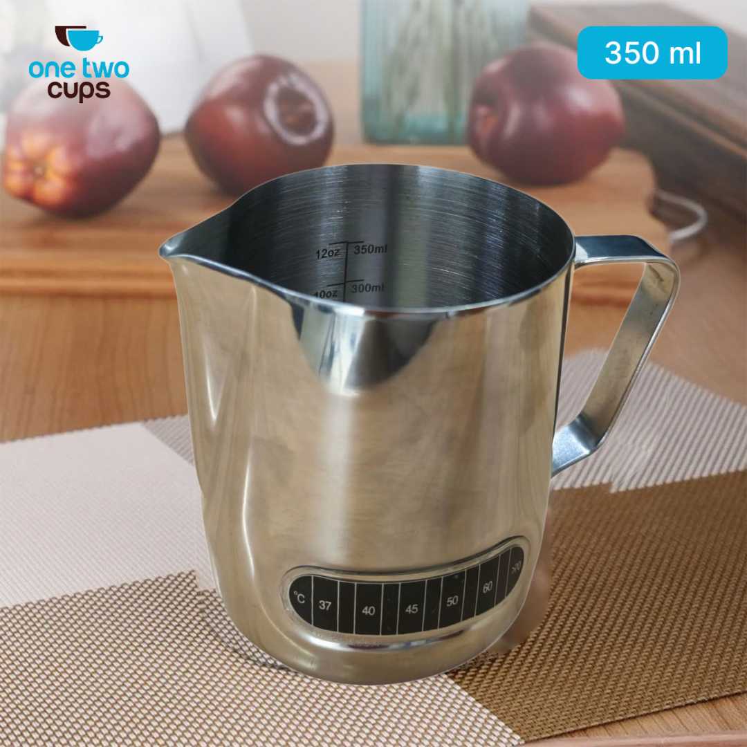 One Two Cups Gelas Milk Jug Latte Art Espresso Thermometer 350ml | Metal Jug Putih Susu - L-2016
