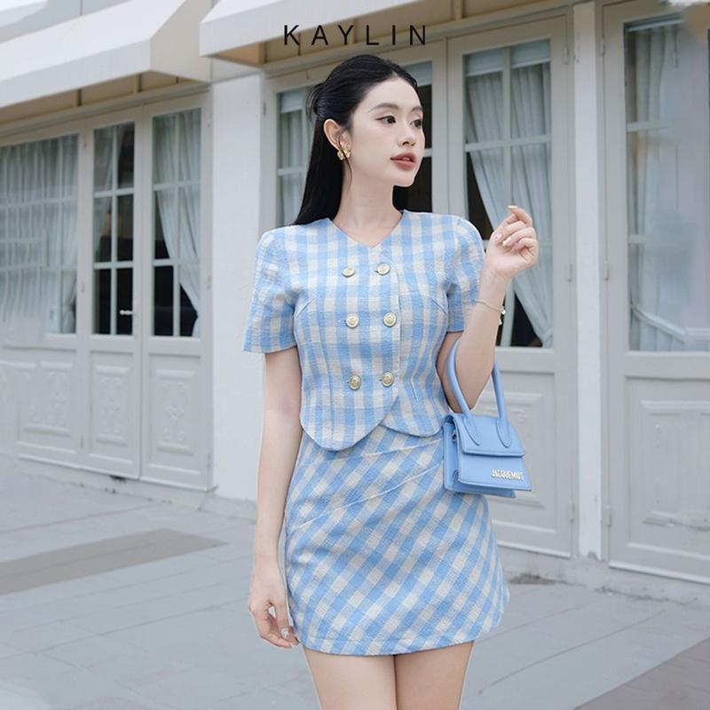 Set KAYLIN Áo Ghi Lê Vải Dạ Tweed Phối Chân Váy Họa Tiết Caro Phong Cách Thanh Lịch - N2331 Nữ Women Top
