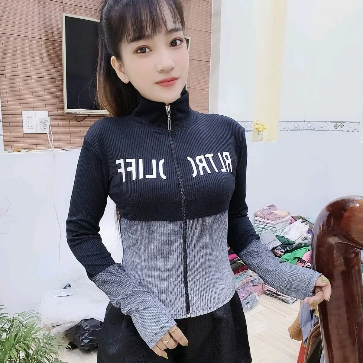 Áo khoác thun gân loang , cổ lọ 7 phân