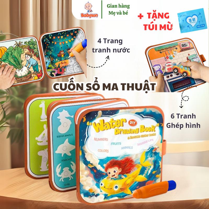 Đồ Chơi Cuốn Sổ Ma Thuật Tranh Tô Màu Nước Tự Xoá Kèm Bóc Dán Nhiều Chủ Đề Cho Bé 2in1- Tặng Túi Mù