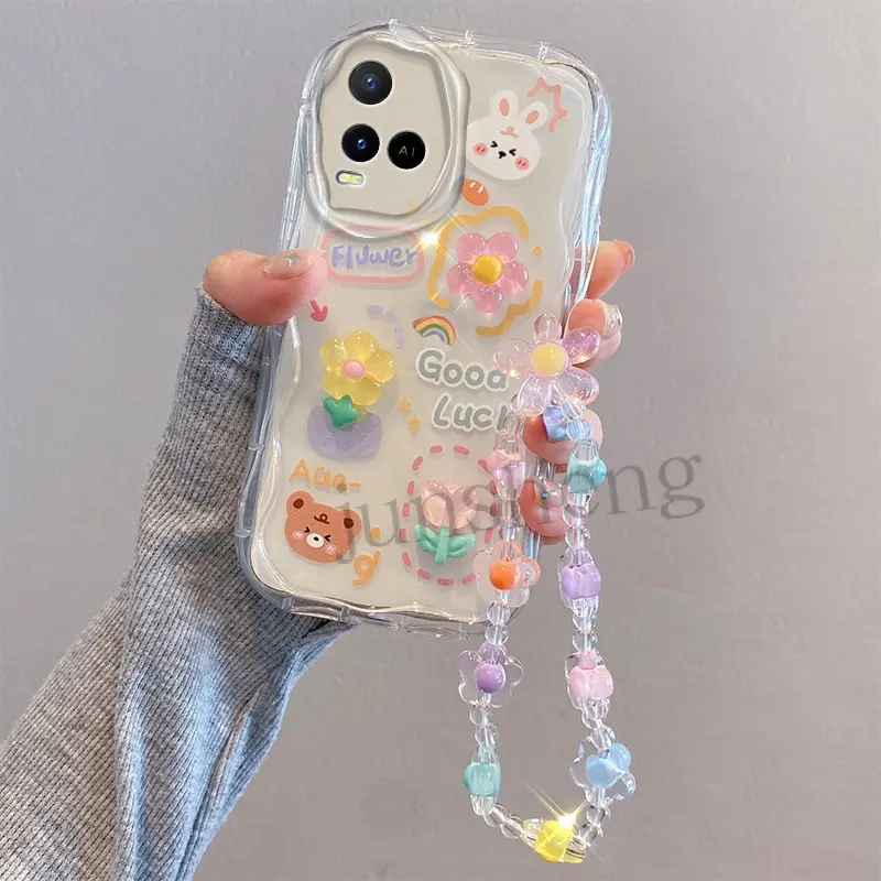 Ốp Silicon Gợn Sóng Trong Suốt Cho VIVO Y21, Y21S, Y21A, Dễ Thương, Hoạt Hình 3D, Hoa Tulip, Thỏ, Động Vật, Kem, Viền, Ốp Có Dây Đeo Vòng Tay 6