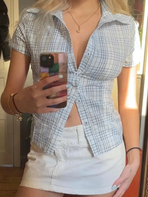 Women's Plaid Blouse, Casual Slim-fitting Short Sleeve Collar Top for Summer, Women's Clothes for Daily Wear, Skinny Womenswear, Classy Tops, Clothes for Women 6
