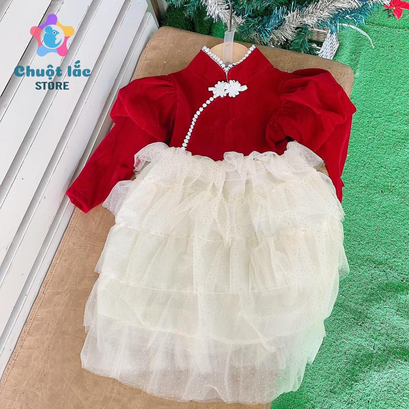 Váy Đầm Cho Bé Gái Diện Noel, Tết Kiểu Tay Phồng Nhiều Tầng Xòe Từ 8kg Đến 25kg