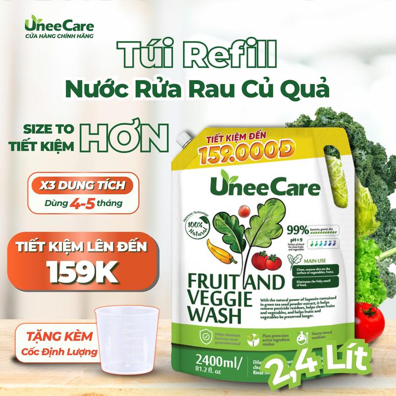 KOC Túi Refill X3 Dung Tích - Nước ngâm rửa rau củ quả hữu cơ UneeCare 2400ml - To hơn tiết kiệm hơn