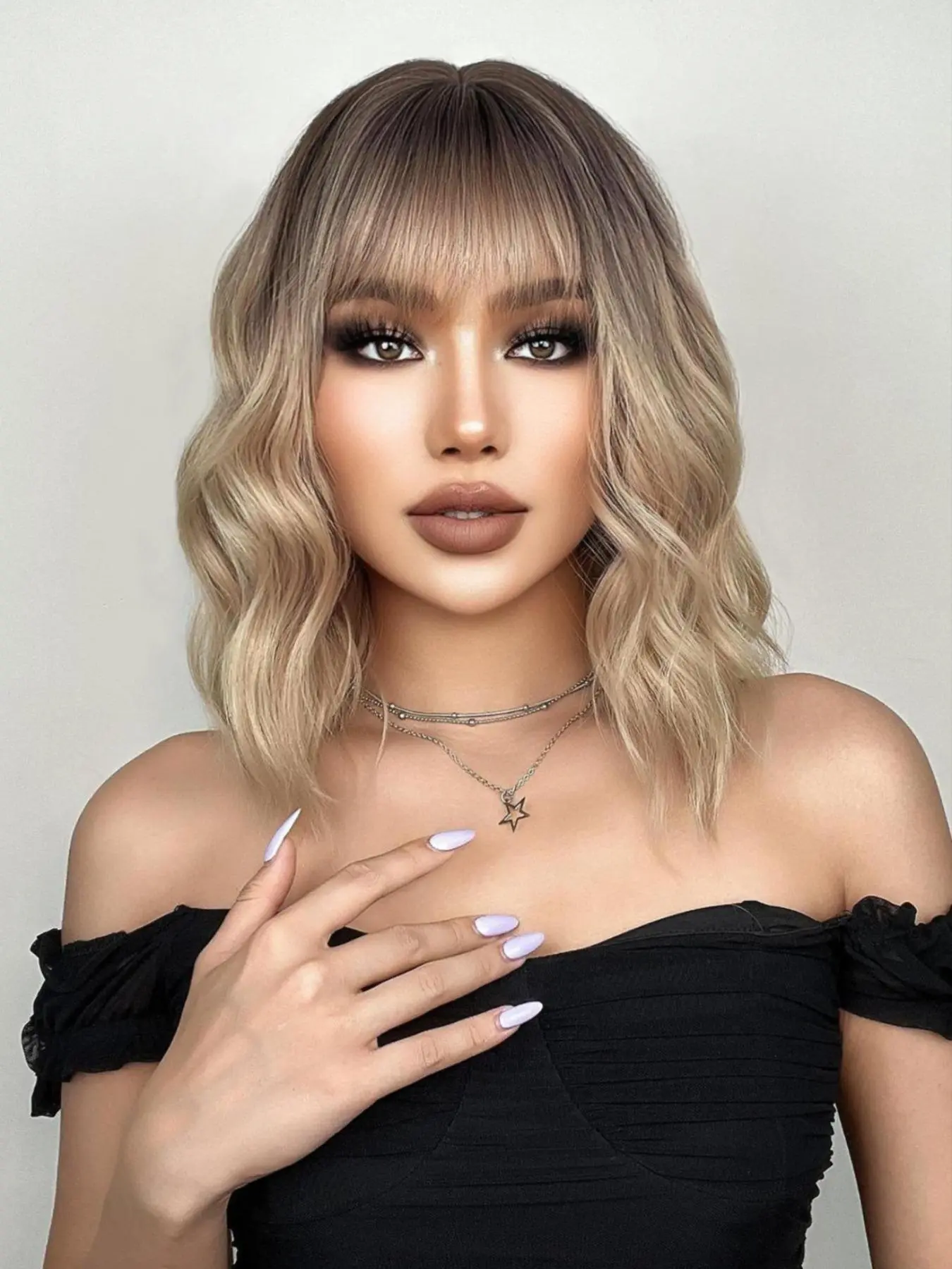 16 Inch Short Ombre Curly Wigs for Women, Summer Gorgeous Fluffy Glueless Wigs with Air Bangs, Synthetic Full Machine Wigs for Party, Daily Use Christmas Gift
