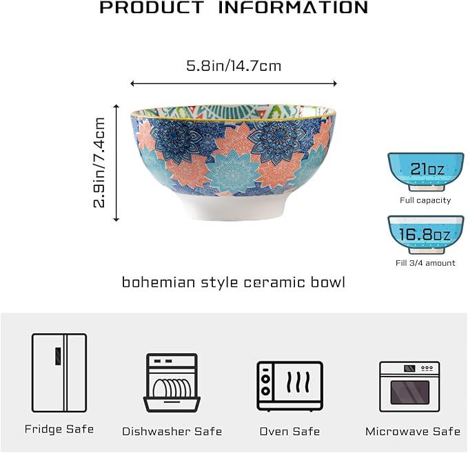 SUSTEAS 21 oz Ceramic Soup Bowls Set of 6, Colorful Porcelain Bowls for Cereal, Fruit, Ramen, Salads, Snacks, Makes Great Housewarming Gifts and Decorations, Microwave and Dishwasher Safe Tableware 1