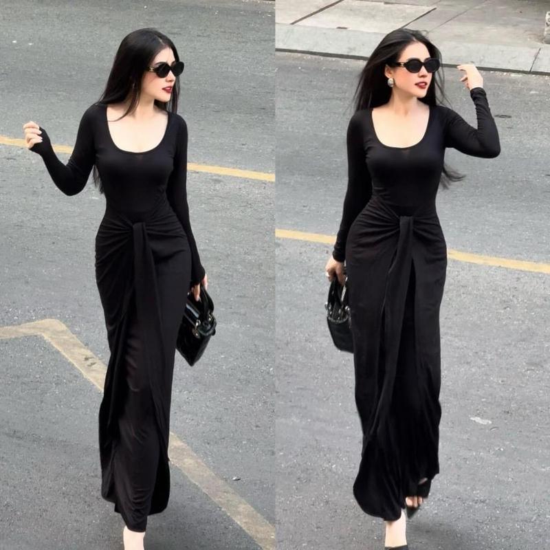 ĐẦM TAY DÀI CỔ U, XOẮN GIỮA (40kg-55kg), chất thun tăm lạnh Nữ Women [GL70019] Dress Voi 3