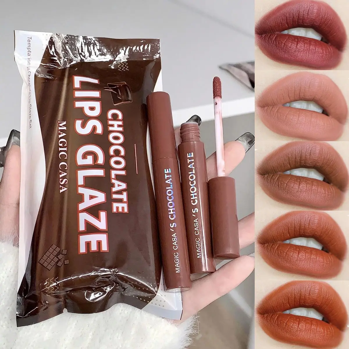 5Pcs/Set Lipstick Set Matte Longlasting Waterproof Non-Stick Cup Chocolate Lip Glaze Not Easy To Fade Red Lips Lip Tint Cosmetic