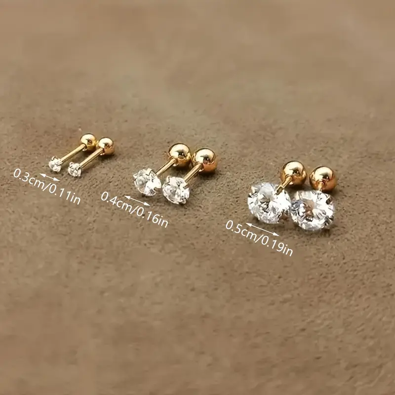 3-Pair Set, 18K Gold Plated Stainless Steel, Exquisite Simple Round Ball Twisted 4-Prong Set Cubic Zirconia Earrings, Gift Box Included 2