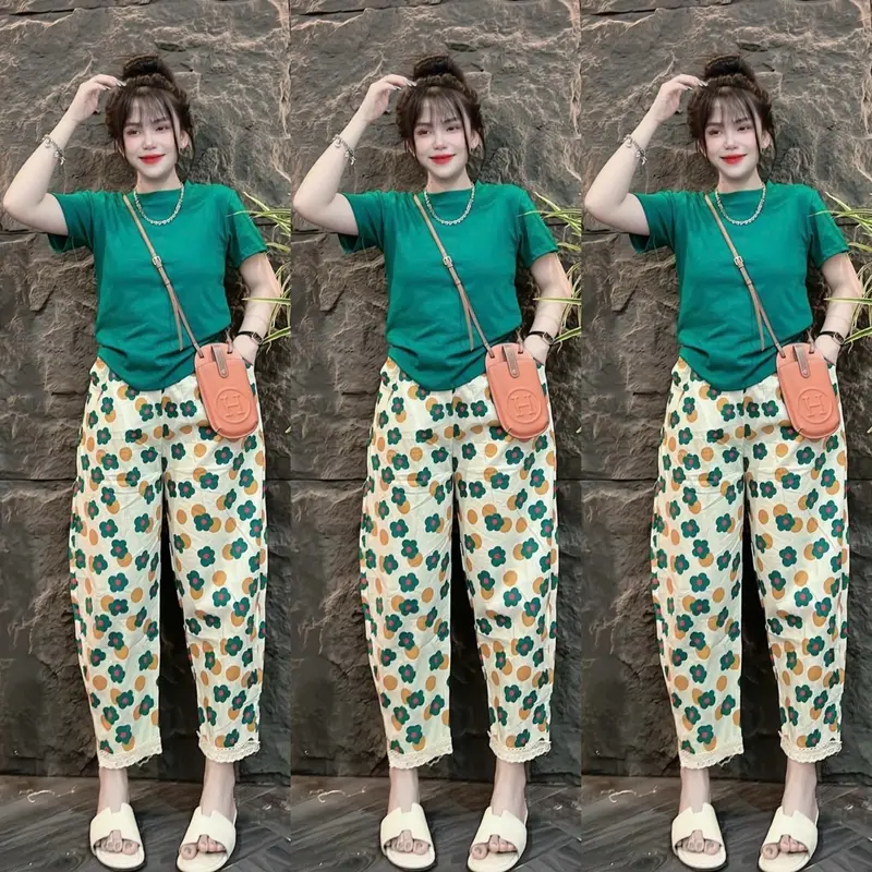 Sét Bộ Thun Áo Tay Ngắn Cổ Tròn In Hình Hoa Nhí Thun Co Giãn Kèm Quần Baggy Lụa Phoi Ren Lai,In Hoa Tiếc Hoa ,Phom 45-58kg,Mac Thoai Mai Nữ Women Bo Chun Nhung Voi Top Kem 7