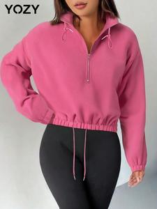 YOZY Women's Plain Drawstring Zip Up Stand Collar Crop Hoodie, Casual Long Sleeve Hooded Sweatshirt for Fall & Winter, Women's Clothing for Daily Wear