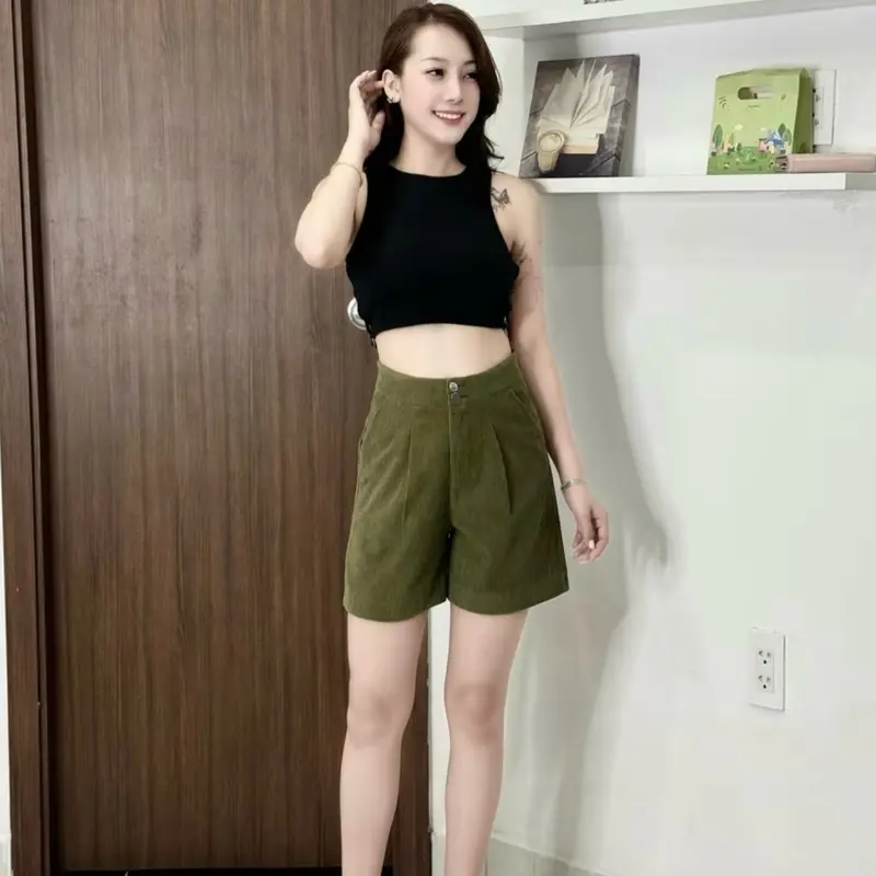 Quần Short Nhung Gân Lưng Cao Nữ Hàn Quốc Chất Liệu Nhung Gân Mềm Mịn Phù Hợp Mọi Lứa Tuổi 4