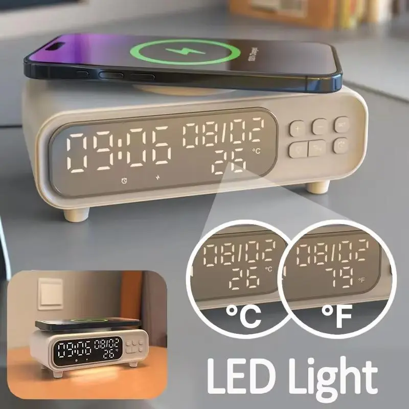 15W Wireless Charger with Time Display, LED Night Light Alarm Clock Wireless Charger, Fast Charging Station for iPhone 3