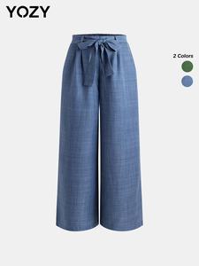 YOZY Pleated Bowknot Belted Wide Leg Pants, Casual Comfy Elastic High Waist Trousers, 2024 Women's Bottoms for All Seasons