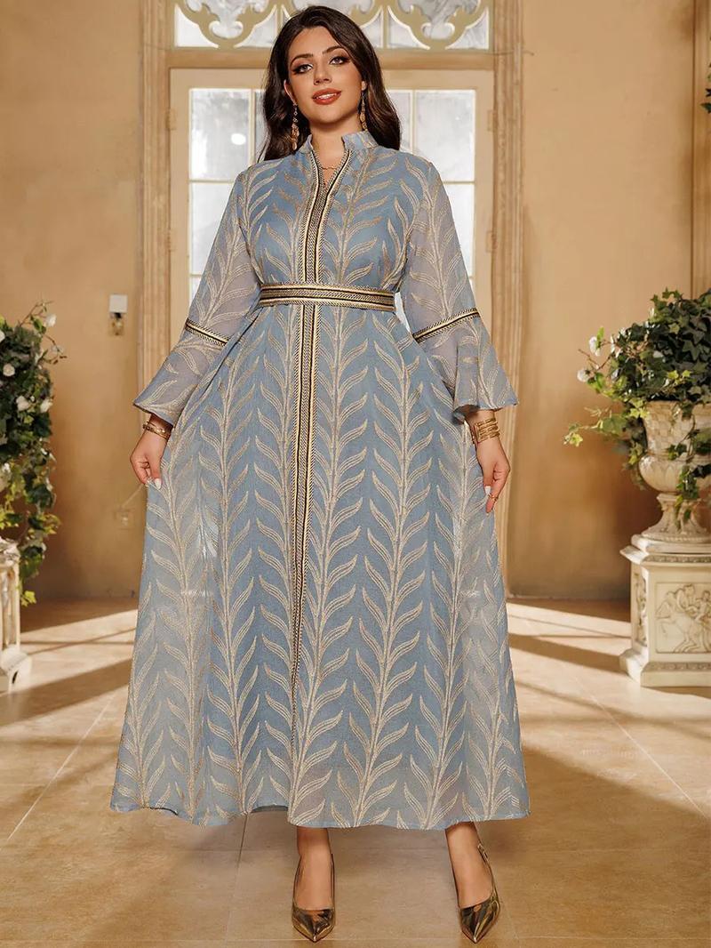 Product Introduction of Dubai Embroidery Abaya With Belt For Muslim Woman Notched Stand Collar Flare Sleeve Elegant Loose Moroccan Saudi Kaftan 8