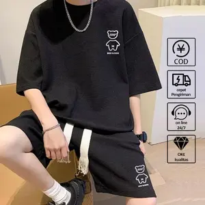 setelan celana pendek pria kaos round neck+celana pendek set laki laki set baju olahraga kasual. t-shirt short-sleeved dewasa desain pola beruang ootd set Cotton Short Sleeve outfit  skena cowok