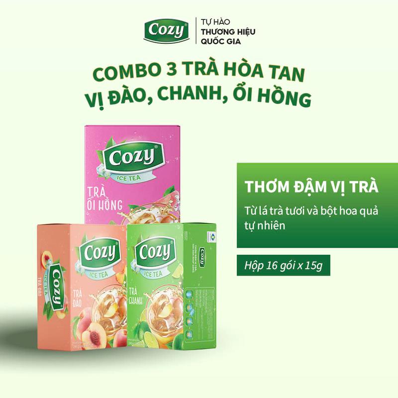 Combo 3 Trà Hoa Quả Hòa Tan Cozy Tea Vị Đào, Chanh, Ổi Hồng Thơm, Ngon Dễ Uống Nước Trà Thơm, Chè Sạch Tươi Nguyên Chất (Hộp 16 Gói)