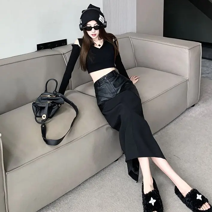 Chân Váy Da PU, Dài, Dành Cho Nữ, Hàng Mới Về Mùa Thu Và Mùa Đông, Hiệu Ứng Xếp Ly Cạp Cao, Bó Sát, Váy Thẳng Che Xẻ Tà, Váy Women