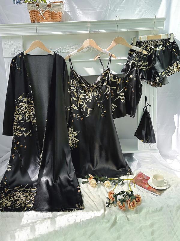 Christmas Gift Five Counts Women's Floral Print Satin Pyjamas Set, Pj Sets for Women, Elegant Comfort Belted Robe & Cowl Neck Cami Dress & Camisole & Ruffle Shorts & Bag, Pajama Sets Women, Loungewear for All Seasons, Lounge Set for Women 1