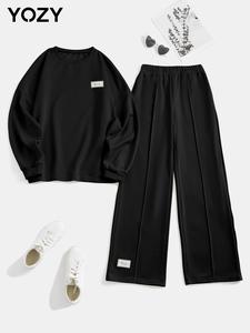 YOZY Women's Spring Outfit, Letter Patched Pullover & Elastic Waist Pants Set, Women's Clothes for Daily Outdoor Wear, Minimalist Comfort Womenswear