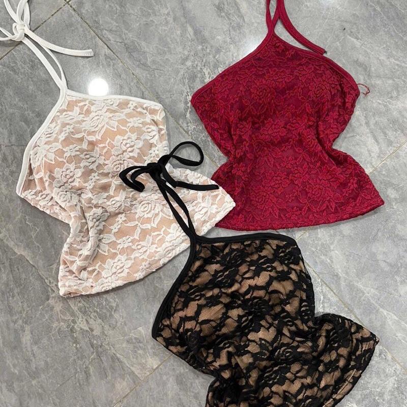 Áo yếm ren cột dây hở lưng có đệm mút lót trong form ôm body dáng dài vừa có độ co giãn đọc mô tả