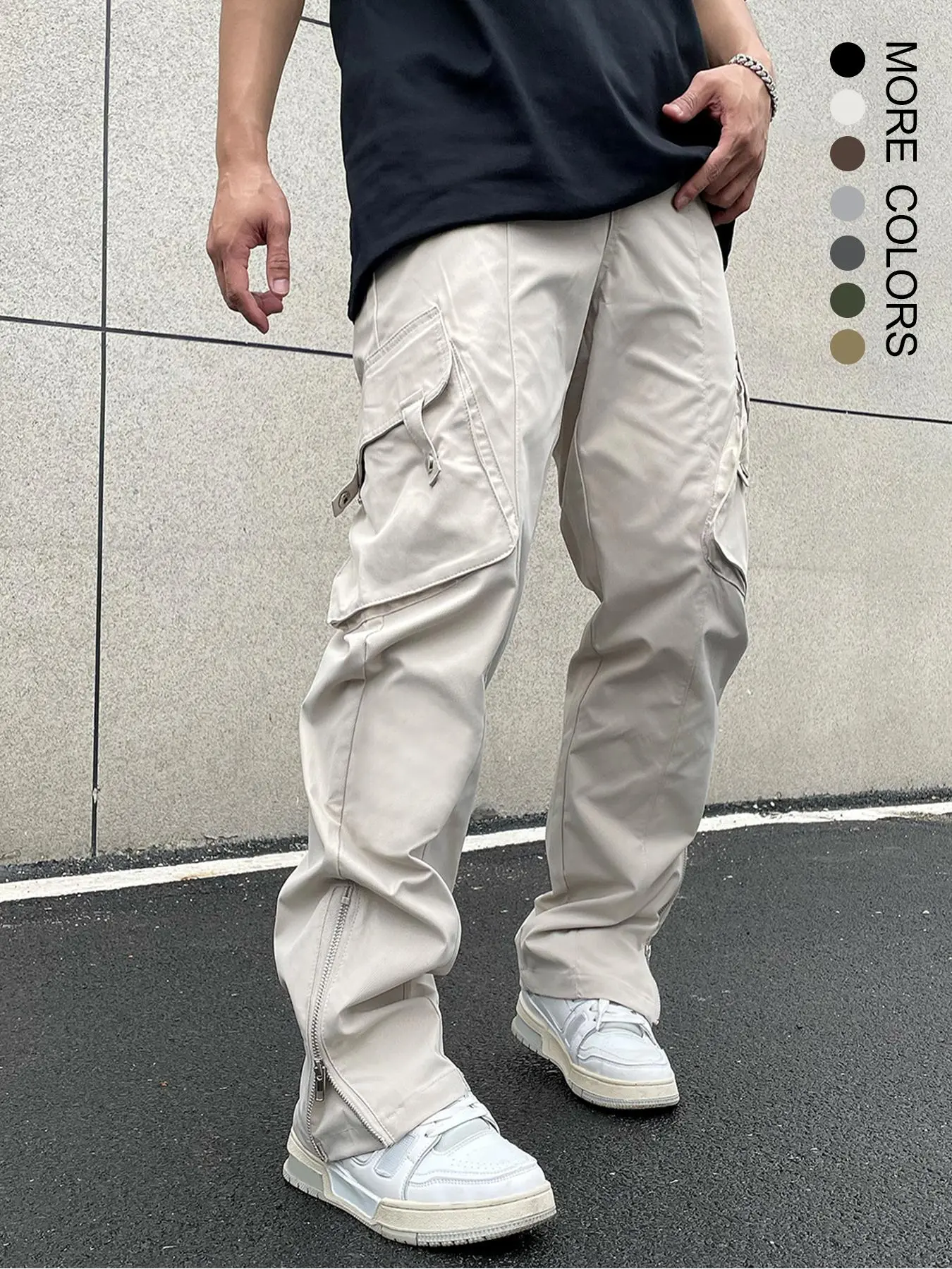 Men's Stylish Loose Plain Zipper Pocket Drawstring Waist Cargo Pants, Street Casual Straight Leg Trousers for Daily Outdoor Wear, Men's Bottoms for Spring & Summer & Fall, Men Cargo Pants, Men's Clothing, Cargo Pants for Men