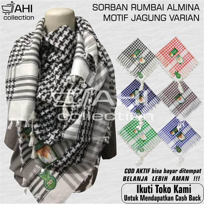 Sorban Shemagh, Sorban Rumbai Almina Motif Jagung Surban Ronce Haji Segi Empat Bahan Lembut Berkualitas 3