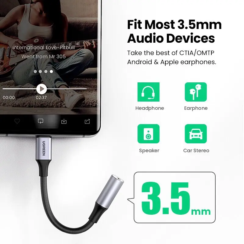 UGREEN Converter Splitter DAC Type C ke Jack 3.5mm+Type C Charging Audio Call 3