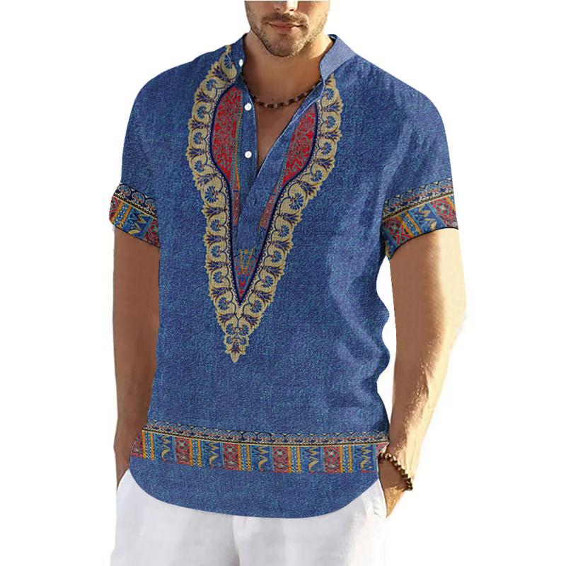 Product Introduction of 2025 New Year Ethnic Style Barong Shirt Men's Stand Collar Short Sleeve Top 3D Bohemian Traditional Retro Ethnic Clothes Outdoor Loose Breathable Quick-Drying Large Size Men's Clot 29