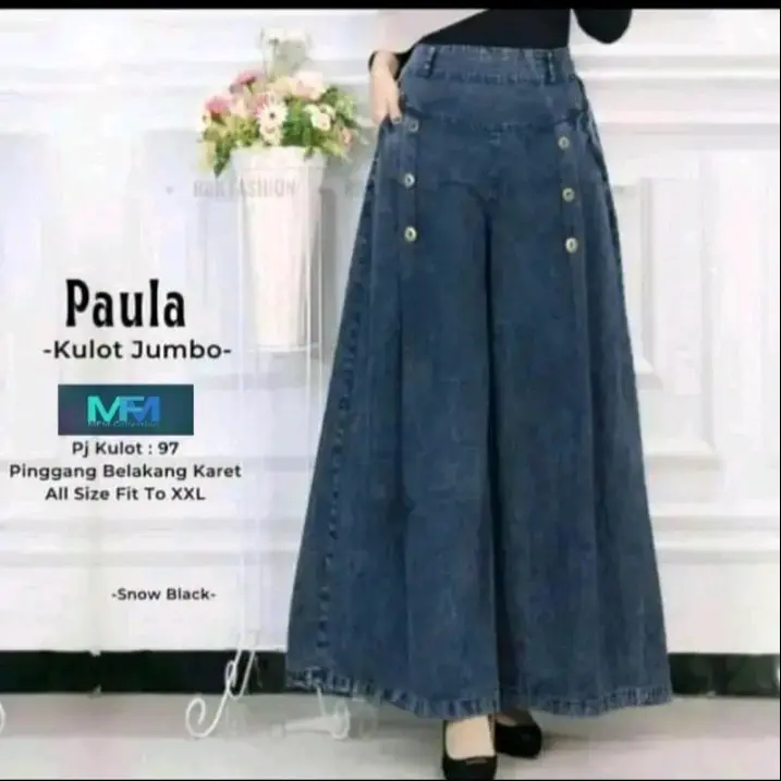 kulot paula jeans jumbo wanita bahan Denim pinggang belakang karet